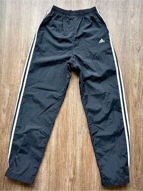 Vintage Adidas Nylon Track Pants Black White 3 Stripe Y2K Small Zip Ankle